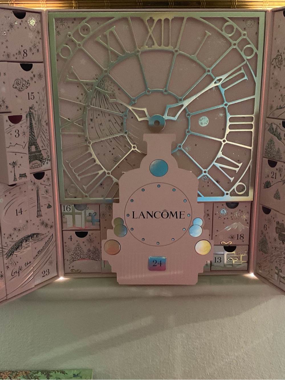 Empty Lancôme Pink Advent Calendar with Clock Design